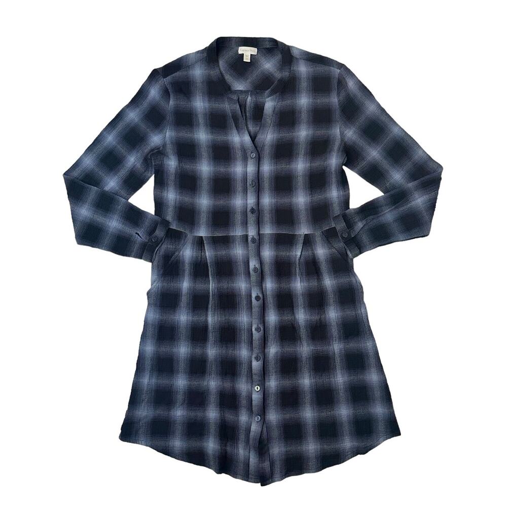 Garnet Hill Blue Plaid Shirt Dress Women’s 4 Gauzy Organic Cotton Button Front